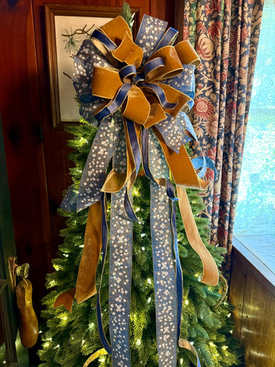 The Helene Blue & Gold Christmas Tree Topper Bow, Christmas bow for wreaths, Brass and blue bow, multicolor tree topper bow