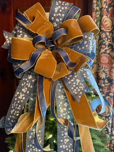 The Helene Blue & Gold Christmas Tree Topper Bow, Christmas bow for wreaths, Brass and blue bow, multicolor tree topper bow