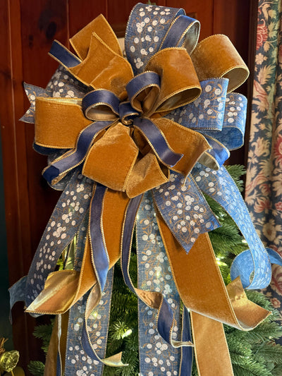 The Helene Blue & Gold Christmas Tree Topper Bow, Christmas bow for wreaths, Brass and blue bow, multicolor tree topper bow