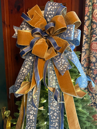 The Helene Blue & Gold Christmas Tree Topper Bow, Christmas bow for wreaths, Brass and blue bow, multicolor tree topper bow