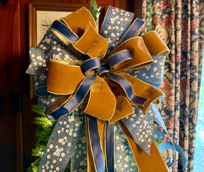 The Helene Blue & Gold Christmas Tree Topper Bow, Christmas bow for wreaths, Brass and blue bow, multicolor tree topper bow