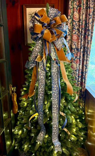 The Helene Blue & Gold Christmas Tree Topper Bow, Christmas bow for wreaths, Brass and blue bow, multicolor tree topper bow