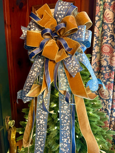 The Helene Blue & Gold Christmas Tree Topper Bow, Christmas bow for wreaths, Brass and blue bow, multicolor tree topper bow