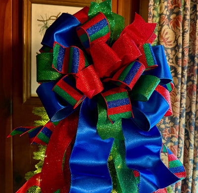 The Anka Red Emerald Green & Navy Christmas Tree Topper Bow, Luxury Bow, Xmas bow, blue bow, ribbon topper, tree trimming bow