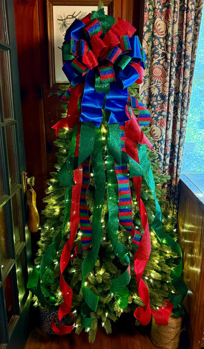 The Anka Red Emerald Green & Navy Christmas Tree Topper Bow, Luxury Bow, Xmas bow, blue bow, ribbon topper, tree trimming bow