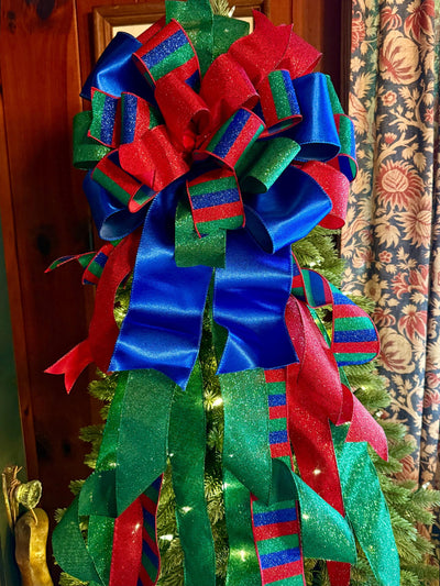 The Anka Red Emerald Green & Navy Christmas Tree Topper Bow, Luxury Bow, Xmas bow, blue bow, ribbon topper, tree trimming bow
