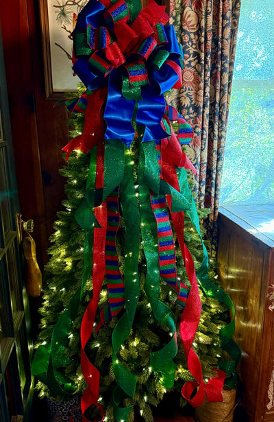 The Anka Red Emerald Green & Navy Christmas Tree Topper Bow, Luxury Bow, Xmas bow, blue bow, ribbon topper, tree trimming bow