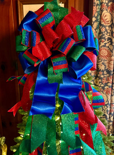 The Anka Red Emerald Green & Navy Christmas Tree Topper Bow, Luxury Bow, Xmas bow, blue bow, ribbon topper, tree trimming bow