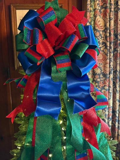 The Anka Red Emerald Green & Navy Christmas Tree Topper Bow, Luxury Bow, Xmas bow, blue bow, ribbon topper, tree trimming bow