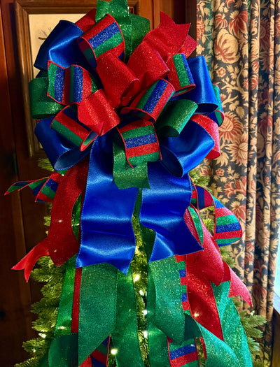 The Anka Red Emerald Green & Navy Christmas Tree Topper Bow, Luxury Bow, Xmas bow, blue bow, ribbon topper, tree trimming bow