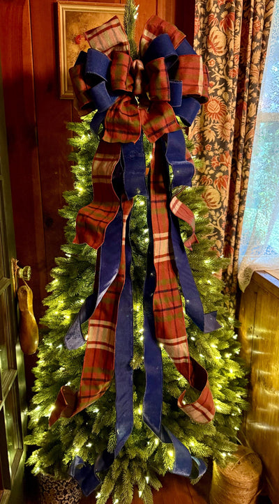 The Kieran Navy & Brown Tartan Plaid Christmas Tree Topper Bow, XL traditional christmas bow, oversize bow with long streamers, Lodge Cabin