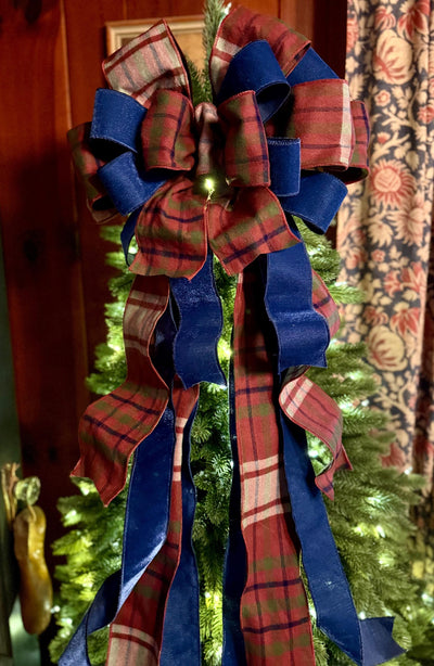 The Kieran Navy & Brown Tartan Plaid Christmas Tree Topper Bow, XL traditional christmas bow, oversize bow with long streamers, Lodge Cabin