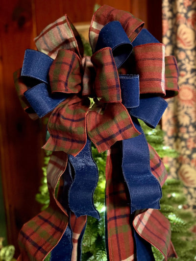 The Kieran Navy & Brown Tartan Plaid Christmas Tree Topper Bow, XL traditional christmas bow, oversize bow with long streamers, Lodge Cabin