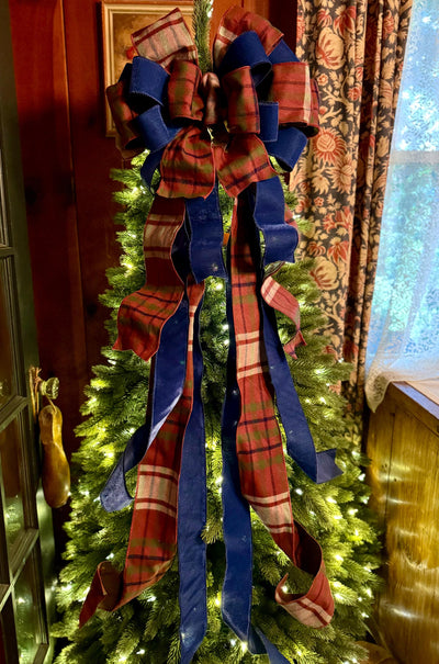 The Kieran Navy & Brown Tartan Plaid Christmas Tree Topper Bow, XL traditional christmas bow, oversize bow with long streamers, Lodge Cabin