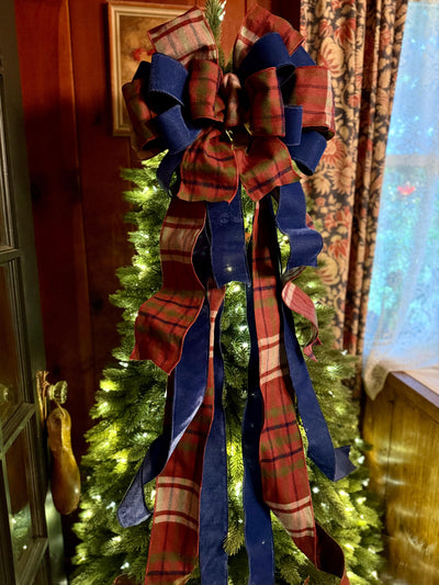 The Kieran Navy & Brown Tartan Plaid Christmas Tree Topper Bow, XL traditional christmas bow, oversize bow with long streamers, Lodge Cabin