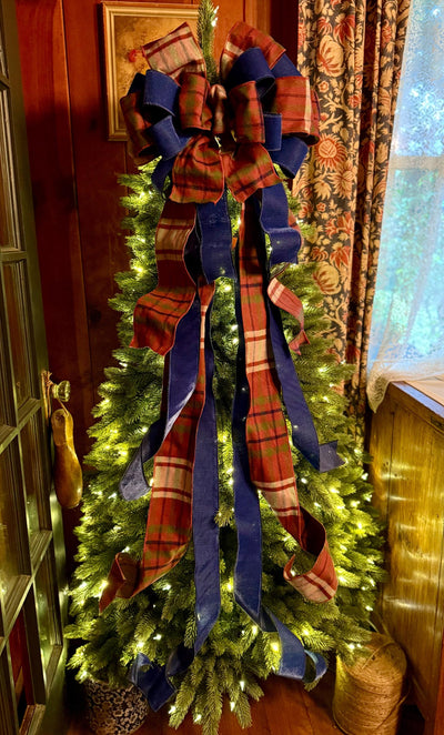 The Kieran Navy & Brown Tartan Plaid Christmas Tree Topper Bow, XL traditional christmas bow, oversize bow with long streamers, Lodge Cabin