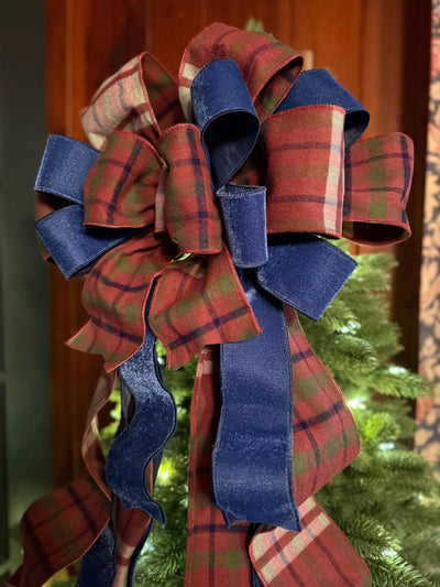 The Kieran Navy & Brown Tartan Plaid Christmas Tree Topper Bow, XL traditional christmas bow, oversize bow with long streamers, Lodge Cabin
