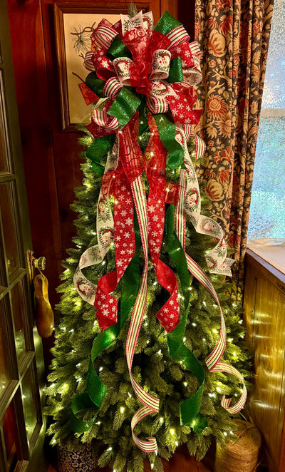 Saint Nick Christmas Tree Topper Bow, Red White Green bow, Cottage style bow for wreath, long streamer christmas tree bow