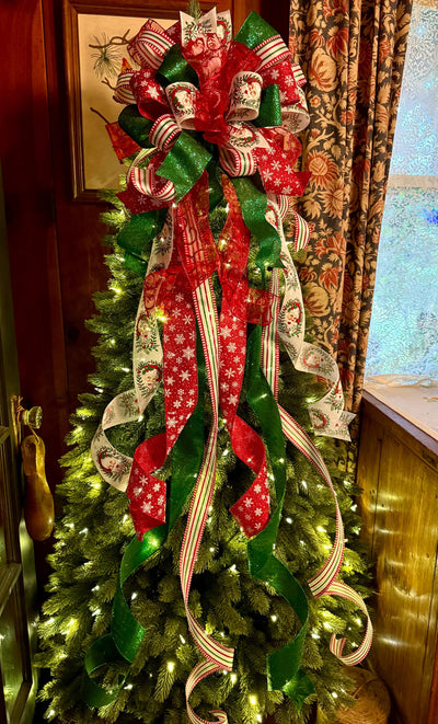 Saint Nick Christmas Tree Topper Bow, Red White Green bow, Cottage style bow for wreath, long streamer christmas tree bow