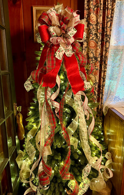 The Althea Red Green & Gold Christmas Tree Topper Bow, XL plaid bow, long streamer ribbon topper, wreath bow, gold christmas tree bow