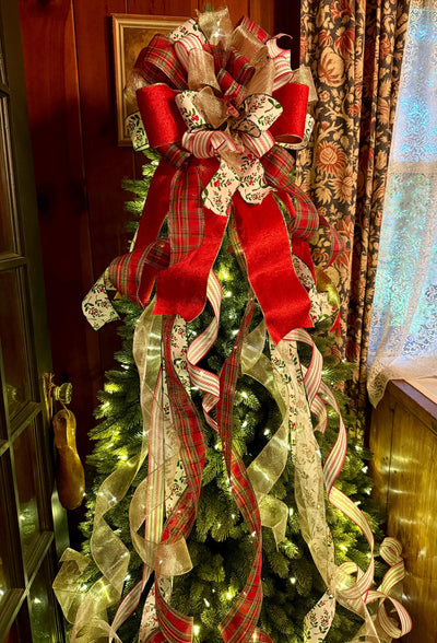 The Althea Red Green & Gold Christmas Tree Topper Bow, XL plaid bow, long streamer ribbon topper, wreath bow, gold christmas tree bow