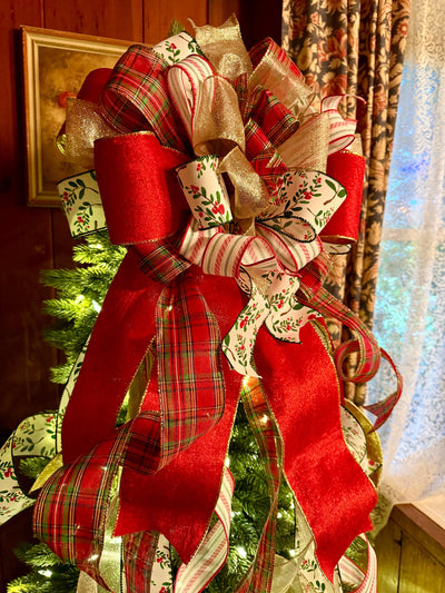 The Althea Red Green & Gold Christmas Tree Topper Bow, XL plaid bow, long streamer ribbon topper, wreath bow, gold christmas tree bow