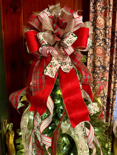 The Althea Red Green & Gold Christmas Tree Topper Bow, XL plaid bow, long streamer ribbon topper, wreath bow, gold christmas tree bow