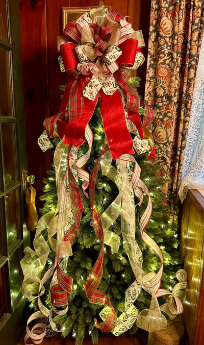 The Althea Red Green & Gold Christmas Tree Topper Bow, XL plaid bow, long streamer ribbon topper, wreath bow, gold christmas tree bow