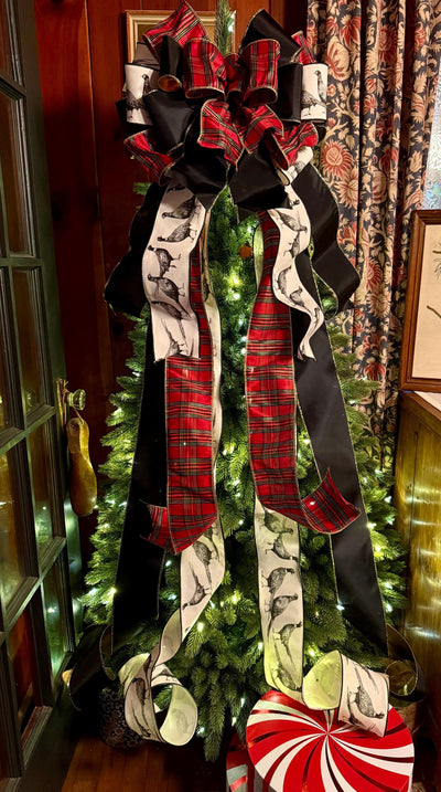The Dorian Red Black & Gold Tartan Plaid Christmas Tree Topper Bow, XL luxury Pheasant themed topper for tree, Masculine traditional bow