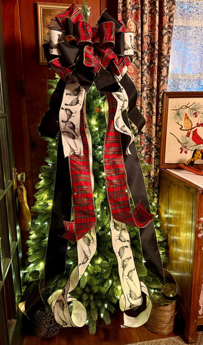 The Dorian Red Black & Gold Tartan Plaid Christmas Tree Topper Bow, XL luxury Pheasant themed topper for tree, Masculine traditional bow