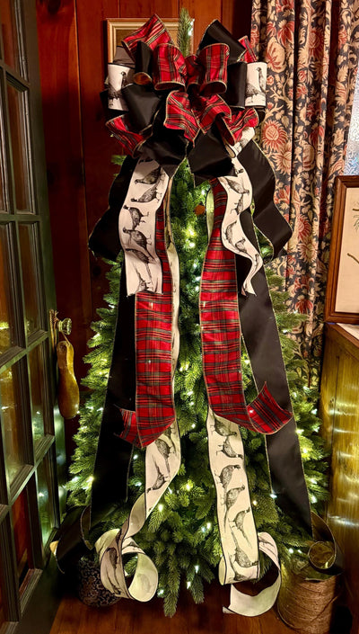 The Dorian Red Black & Gold Tartan Plaid Christmas Tree Topper Bow, XL luxury Pheasant themed topper for tree, Masculine traditional bow
