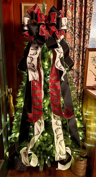 The Dorian Red Black & Gold Tartan Plaid Christmas Tree Topper Bow, XL luxury Pheasant themed topper for tree, Masculine traditional bow