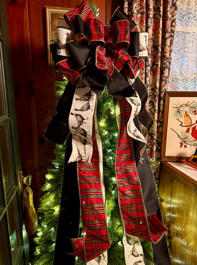 The Dorian Red Black & Gold Tartan Plaid Christmas Tree Topper Bow, XL luxury Pheasant themed topper for tree, Masculine traditional bow