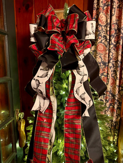 The Dorian Red Black & Gold Tartan Plaid Christmas Tree Topper Bow, XL luxury Pheasant themed topper for tree, Masculine traditional bow