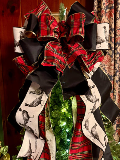 The Dorian Red Black & Gold Tartan Plaid Christmas Tree Topper Bow, XL luxury Pheasant themed topper for tree, Masculine traditional bow