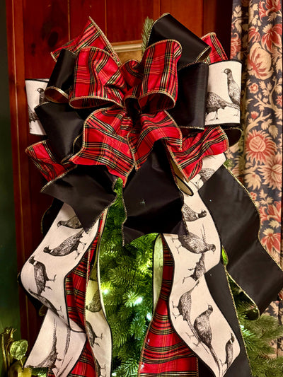 The Dorian Red Black & Gold Tartan Plaid Christmas Tree Topper Bow, XL luxury Pheasant themed topper for tree, Masculine traditional bow