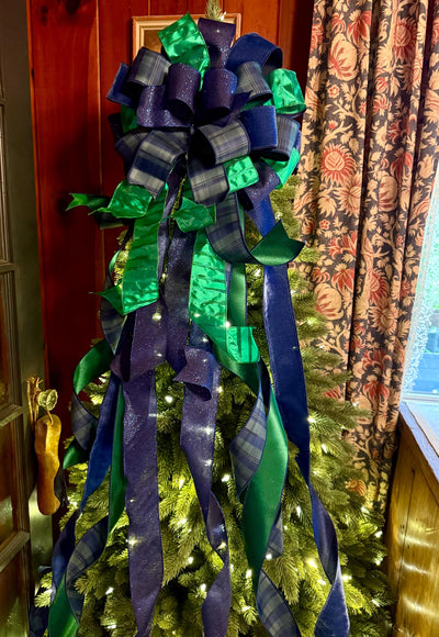 The Elsbeth Navy Blue & Green Christmas Tree Topper Bow, Plaid Luxury Bow, Sparkly velvet ribbon topper, XL tree topper bow