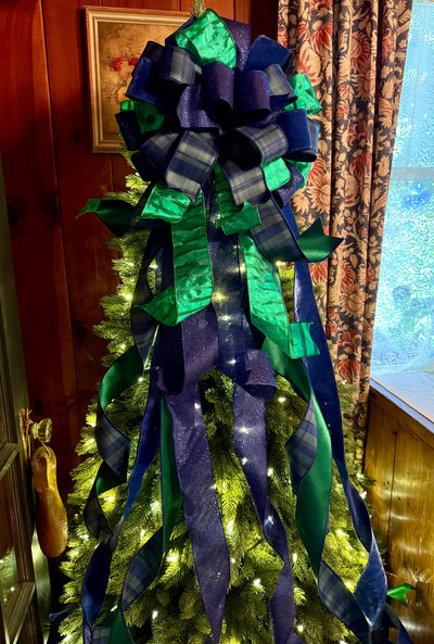 The Elsbeth Navy Blue & Green Christmas Tree Topper Bow, Plaid Luxury Bow, Sparkly velvet ribbon topper, XL tree topper bow