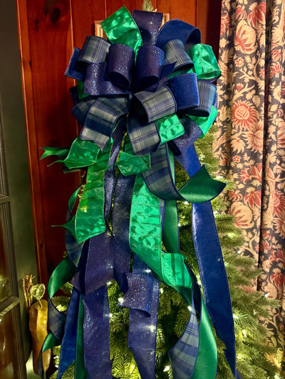 The Elsbeth Navy Blue & Green Christmas Tree Topper Bow, Plaid Luxury Bow, Sparkly velvet ribbon topper, XL tree topper bow