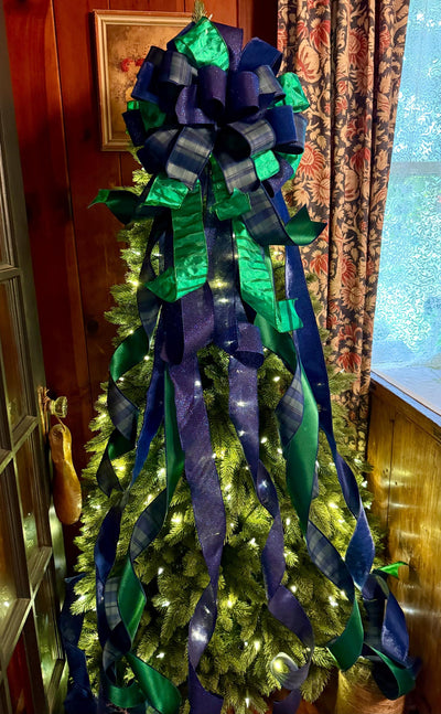 The Elsbeth Navy Blue & Green Christmas Tree Topper Bow, Plaid Luxury Bow, Sparkly velvet ribbon topper, XL tree topper bow