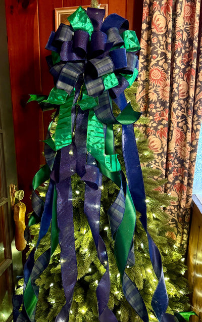 The Elsbeth Navy Blue & Green Christmas Tree Topper Bow, Plaid Luxury Bow, Sparkly velvet ribbon topper, XL tree topper bow