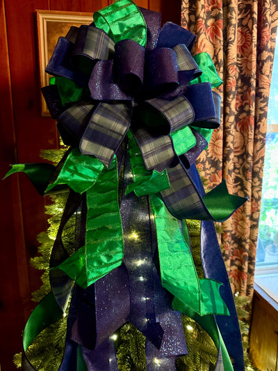 The Elsbeth Navy Blue & Green Christmas Tree Topper Bow, Plaid Luxury Bow, Sparkly velvet ribbon topper, XL tree topper bow