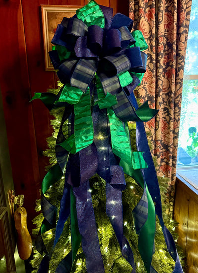 The Elsbeth Navy Blue & Green Christmas Tree Topper Bow, Plaid Luxury Bow, Sparkly velvet ribbon topper, XL tree topper bow