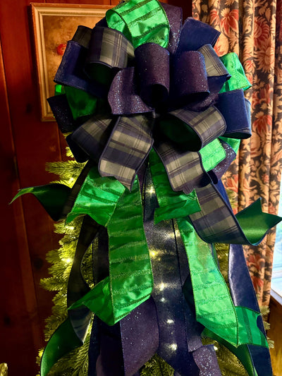 The Elsbeth Navy Blue & Green Christmas Tree Topper Bow, Plaid Luxury Bow, Sparkly velvet ribbon topper, XL tree topper bow