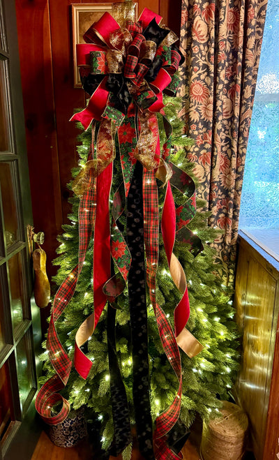 The Alastair Red Black & Gold Tartan Plaid Christmas Tree Topper Bow, XL luxury velvet topper for tree, Masculine traditional bow