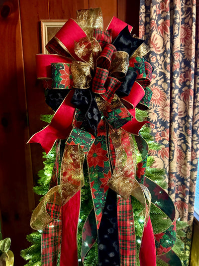 The Alastair Red Black & Gold Tartan Plaid Christmas Tree Topper Bow, XL luxury velvet topper for tree, Masculine traditional bow
