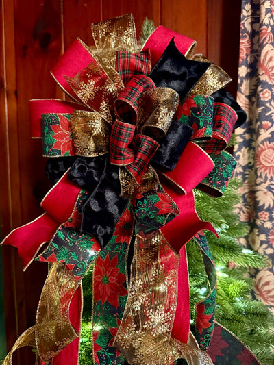 The Alastair Red Black & Gold Tartan Plaid Christmas Tree Topper Bow, XL luxury velvet topper for tree, Masculine traditional bow