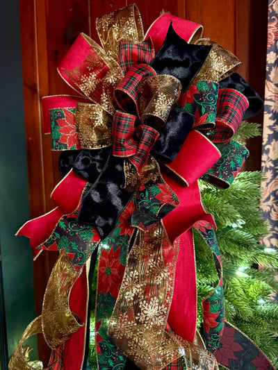 The Alastair Red Black & Gold Tartan Plaid Christmas Tree Topper Bow, XL luxury velvet topper for tree, Masculine traditional bow