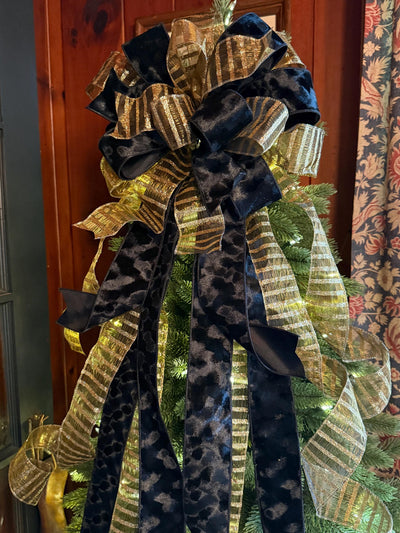 The Amaya Black & Gold Velvet Christmas Tree Topper Bow, long streamer bow, big tree bow, bow for wreath, traditional christmas tree bow