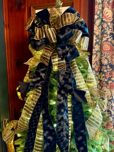 The Amaya Black & Gold Velvet Christmas Tree Topper Bow, long streamer bow, big tree bow, bow for wreath, traditional christmas tree bow